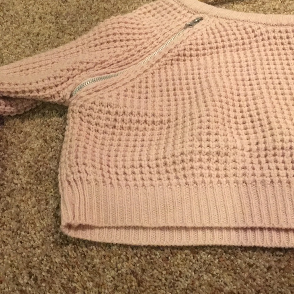 Aqua Cropped Waffle Knit Sweater Zipper Accents - Picture 3 of 5